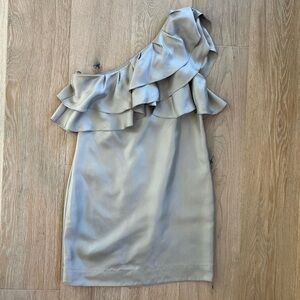 Banana Republic One Shoulder Gray Silver Ruffle Silk Dress Womens Size 6